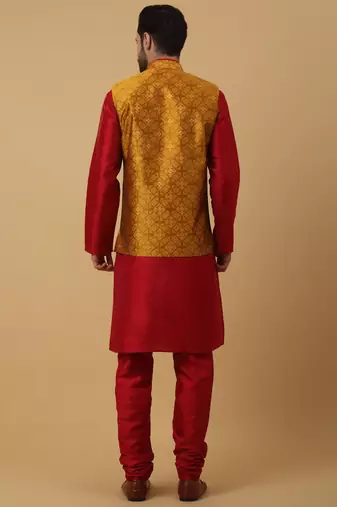 Men's mustard kurta and churidar with jacquard floral nehru jacket