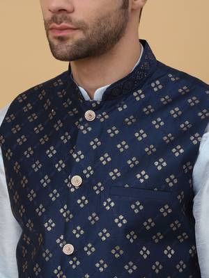 Men's sky blue kurta and churidar with sequenced cotton silk nehru jacket 2