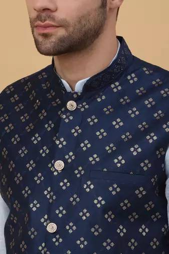 Men's sky blue kurta and churidar with sequenced cotton silk nehru jacket