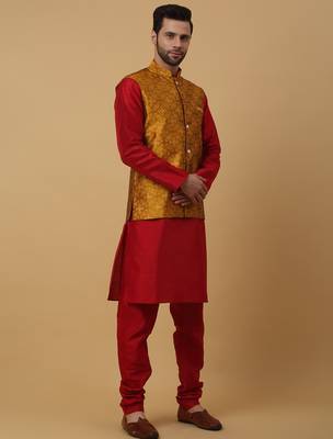 Men's mustard kurta and churidar with jacquard floral nehru jacket 4