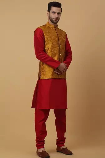 Men's mustard kurta and churidar with jacquard floral nehru jacket