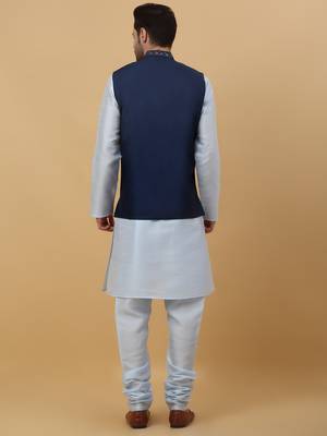 Men's sky blue kurta and churidar with sequenced cotton silk nehru jacket 3