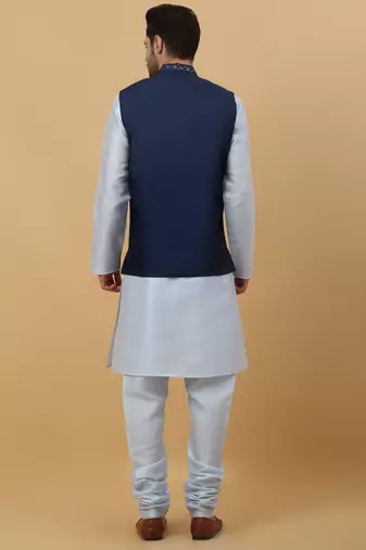 Men's sky blue kurta and churidar with sequenced cotton silk nehru jacket