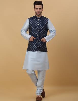 Men's sky blue kurta and churidar with sequenced cotton silk nehru jacket 4