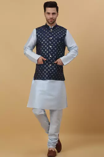 Men's sky blue kurta and churidar with sequenced cotton silk nehru jacket