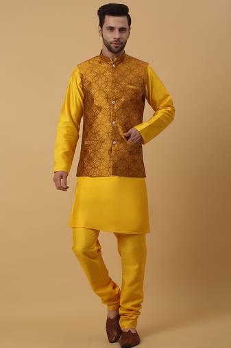 Men's yellow kurta and churidar with jacquard floral nehru jacket