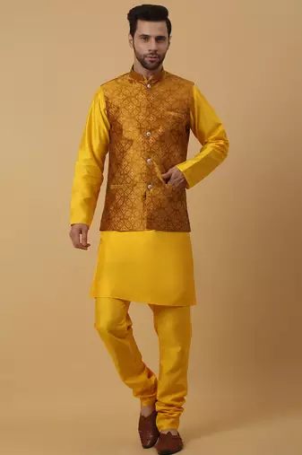 Men's yellow kurta and churidar with jacquard floral nehru jacket
