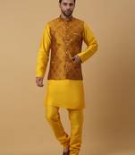 Men's yellow kurta and churidar with jacquard floral nehru jacket