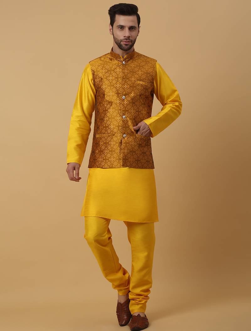 Men's yellow kurta and churidar with jacquard floral nehru jacket