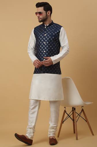 Men's cream kurta and churidar with sequenced cotton silk nehru jacket