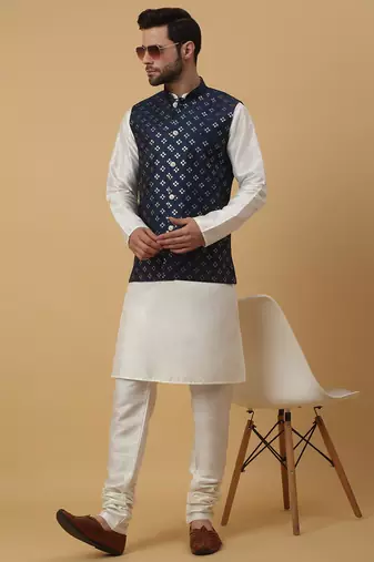 Men's cream kurta and churidar with sequenced cotton silk nehru jacket
