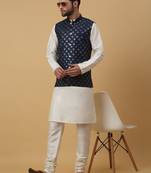 Men's cream kurta and churidar with sequenced cotton silk nehru jacket