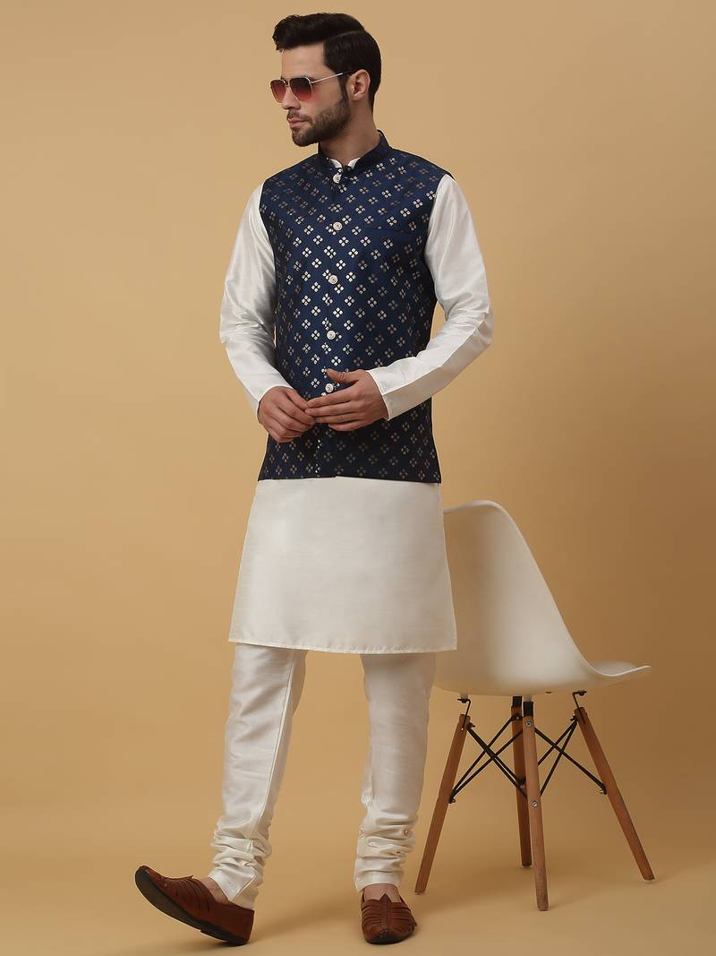 Men's cream kurta and churidar with sequenced cotton silk nehru jacket