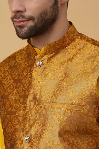 Men's yellow kurta and churidar with jacquard floral nehru jacket