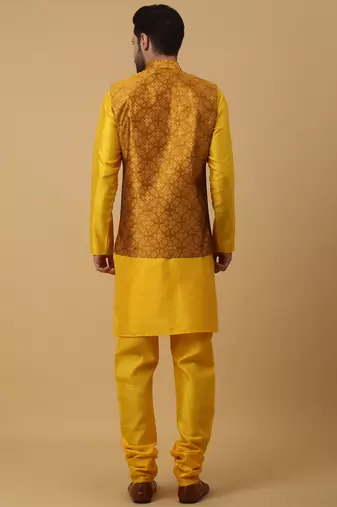 Men's yellow kurta and churidar with jacquard floral nehru jacket