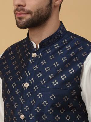 Men's cream kurta and churidar with sequenced cotton silk nehru jacket 2