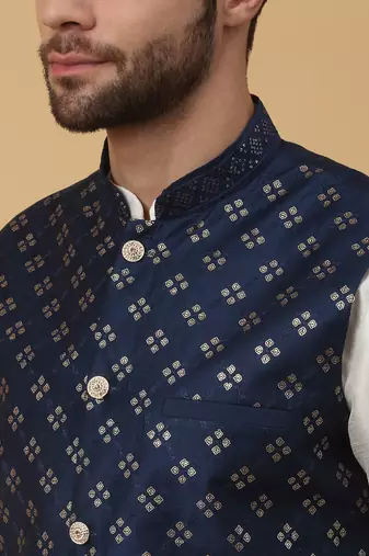 Men's cream kurta and churidar with sequenced cotton silk nehru jacket