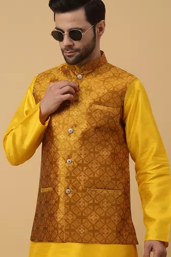 Men's yellow kurta and churidar with jacquard floral nehru jacket