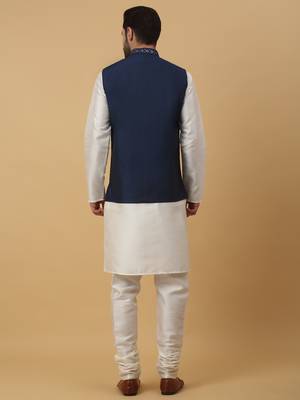 Men's cream kurta and churidar with sequenced cotton silk nehru jacket 3