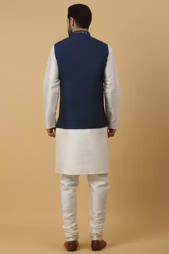 Men's cream kurta and churidar with sequenced cotton silk nehru jacket