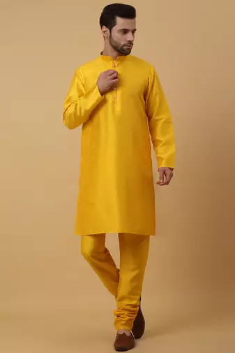 Men's yellow kurta and churidar with jacquard floral nehru jacket