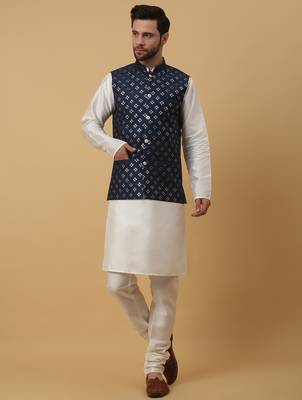 Men's cream kurta and churidar with sequenced cotton silk nehru jacket 4