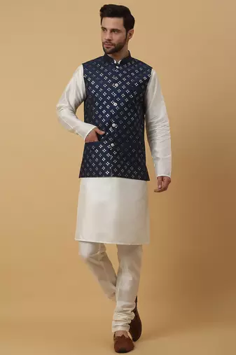 Men's cream kurta and churidar with sequenced cotton silk nehru jacket