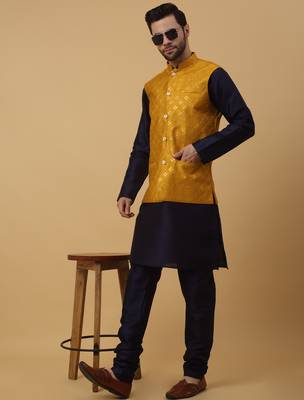 Men's navy blue kurta and churidar with sequenced cotton silk nehru jacket 1