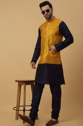 Men's navy blue kurta and churidar with sequenced cotton silk nehru jacket