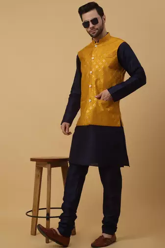 Men's navy blue kurta and churidar with sequenced cotton silk nehru jacket