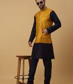 Men's navy blue kurta and churidar with sequenced cotton silk nehru jacket