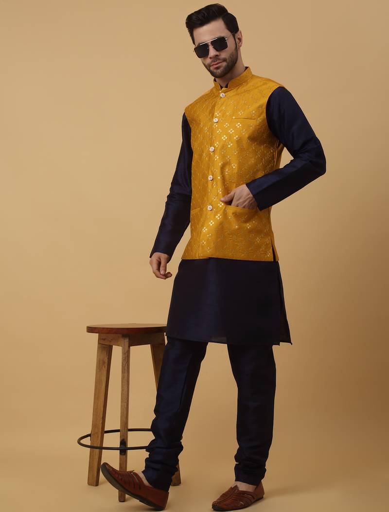 Men's navy blue kurta and churidar with sequenced cotton silk nehru jacket