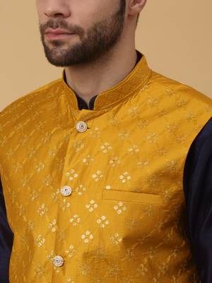 Men's navy blue kurta and churidar with sequenced cotton silk nehru jacket 2