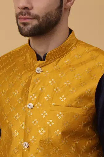 Men's navy blue kurta and churidar with sequenced cotton silk nehru jacket