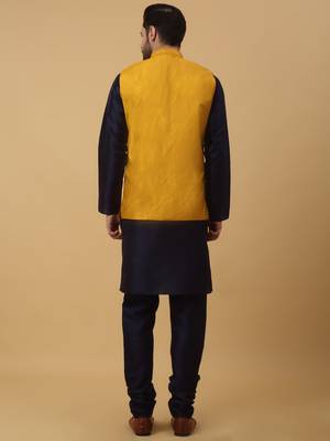Men's navy blue kurta and churidar with sequenced cotton silk nehru jacket 3