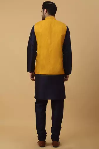 Men's navy blue kurta and churidar with sequenced cotton silk nehru jacket