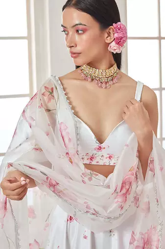 WHITE SHINY SATIN SILK WITH CANCAN & CANVAS LEHENGA choli
