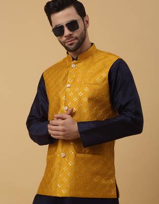 Men's navy blue kurta and churidar with sequenced cotton silk nehru jacket 4