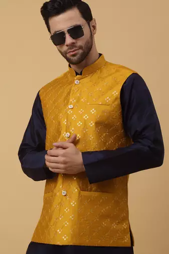 Men's navy blue kurta and churidar with sequenced cotton silk nehru jacket