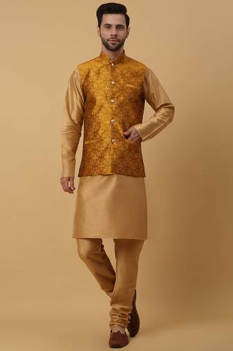Men's gold kurta and churidar with jacquard floral nehru jacket