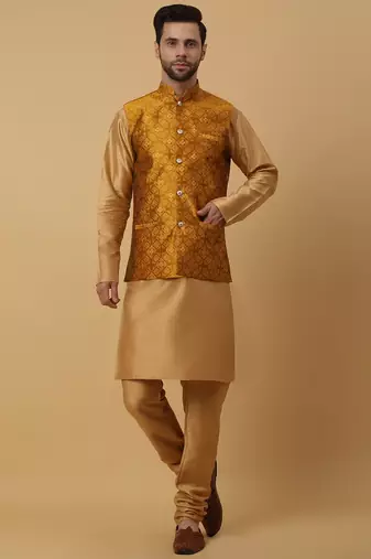 Men's gold kurta and churidar with jacquard floral nehru jacket