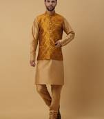 Men's gold kurta and churidar with jacquard floral nehru jacket