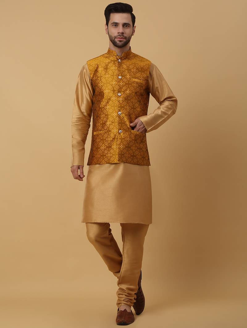 Men's gold kurta and churidar with jacquard floral nehru jacket