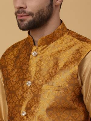 Men's gold kurta and churidar with jacquard floral nehru jacket 2