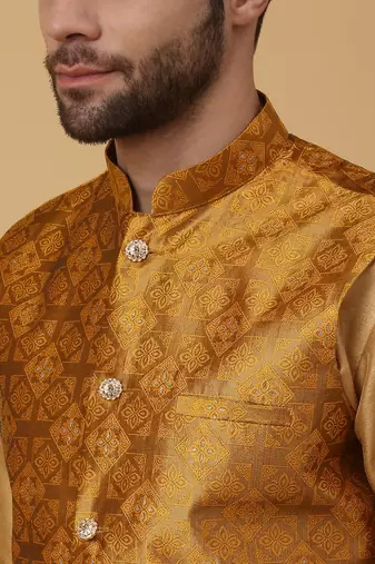 Men's gold kurta and churidar with jacquard floral nehru jacket