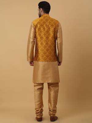 Men's gold kurta and churidar with jacquard floral nehru jacket 3