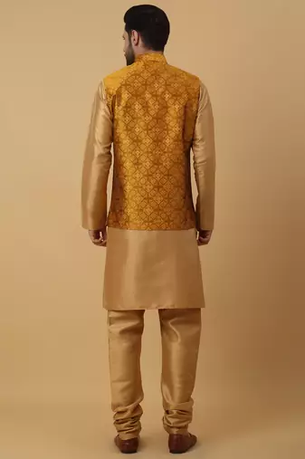 Men's gold kurta and churidar with jacquard floral nehru jacket