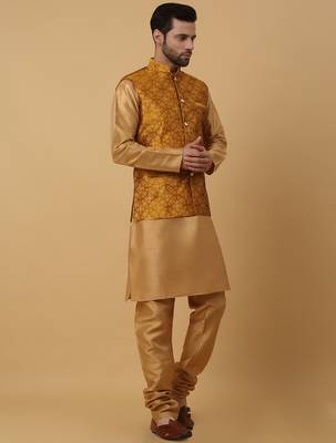 Men's gold kurta and churidar with jacquard floral nehru jacket 4