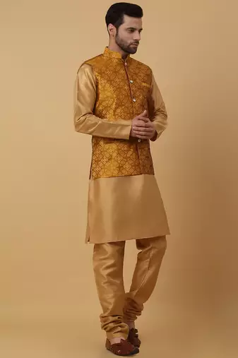 Men's gold kurta and churidar with jacquard floral nehru jacket