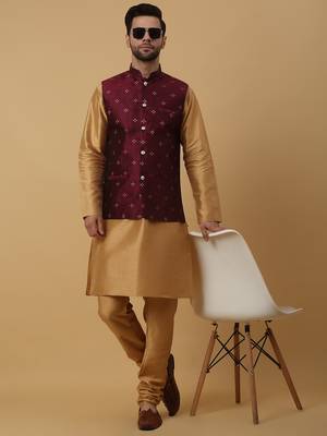 Men's gold kurta and churidar with jacquard floral nehru jacket 1